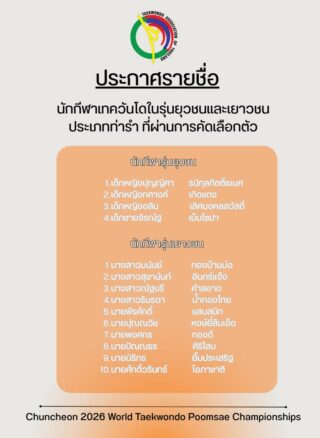 ประกาศรายชื่อนักกีฬาประเภทท่ารำ รุ่นยุวชน และเยาวชนที่ผ่านการคัดเลือกตัว เข้าร่วมการแข่งขันรายการรายการ Chuncheon 2026 World Taekwondo Poomsae Championships👇🏻

https://tkd.or.th/2026/07/21/3907/