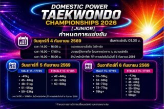 📣กำหนดการแข่งขัน PTT Domestic Power Taekwondo Championship (T-6)  

🗓️ในระหว่างวันที่  5 – 6 กันยายน 2569

🏟️ณ อาคารเฉลิมราชสุดากีฬาสถาน (CU Sports Complex) จุฬาลงกรณ์มหาวิทยาลัย